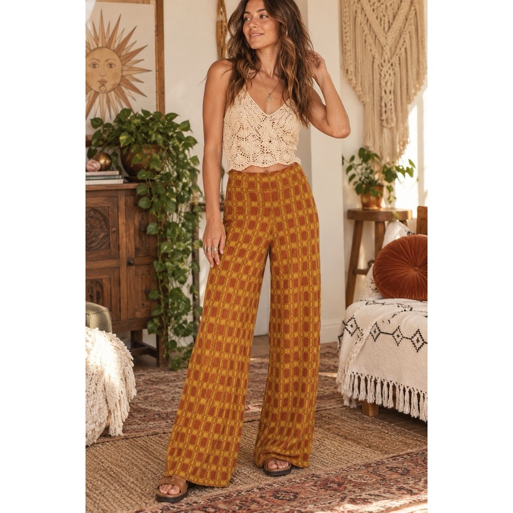 Natural Life M Wide Leg Knit Pants Rust Mustard Plaid Boho Retro Festival Autumn